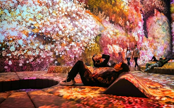 Visitors relaxing in the immersive Flower Room at Mercer Labs Museum of Art.