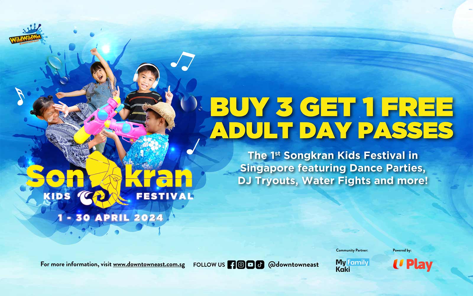 Children enjoying water activities at Songkran Kids Festival, Singapore Wild Wild Wet.