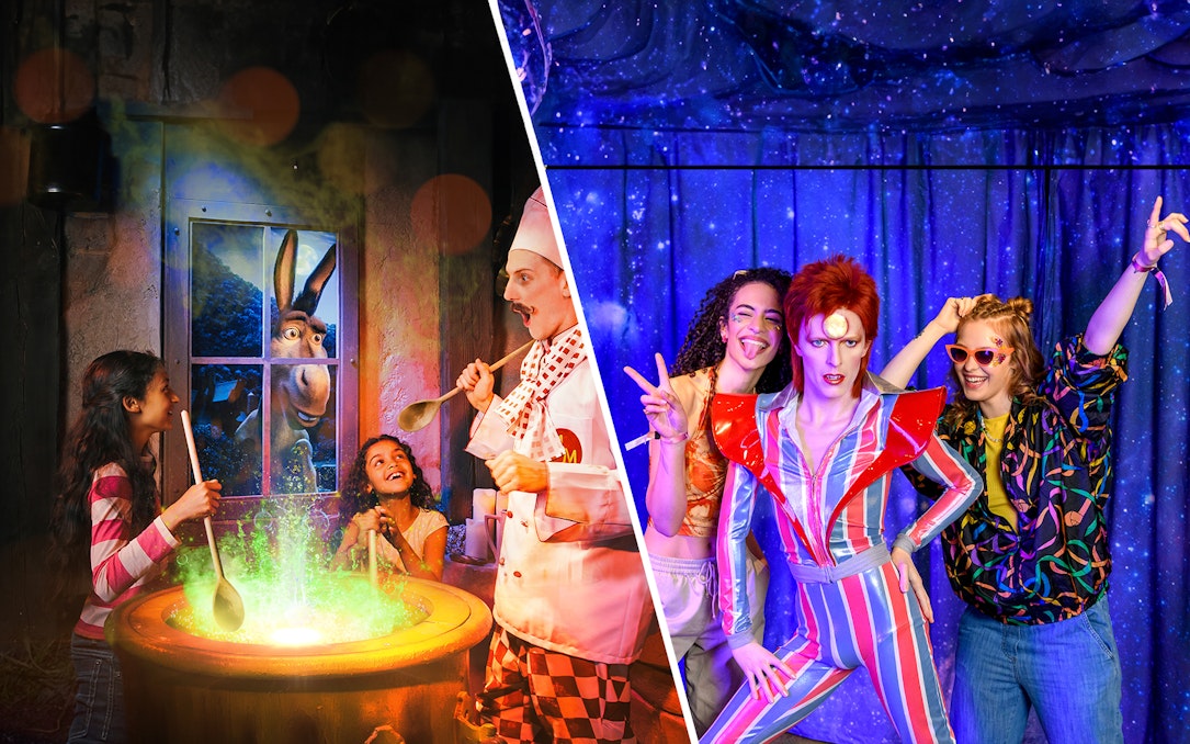 Children cooking with Shrek's Donkey at Shrek's Adventure! London and posing with wax figures at Madame Tussauds.