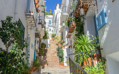 Narrow cobblestone street with whitewashed buildings and potted plants in Frigiliana, Spain.