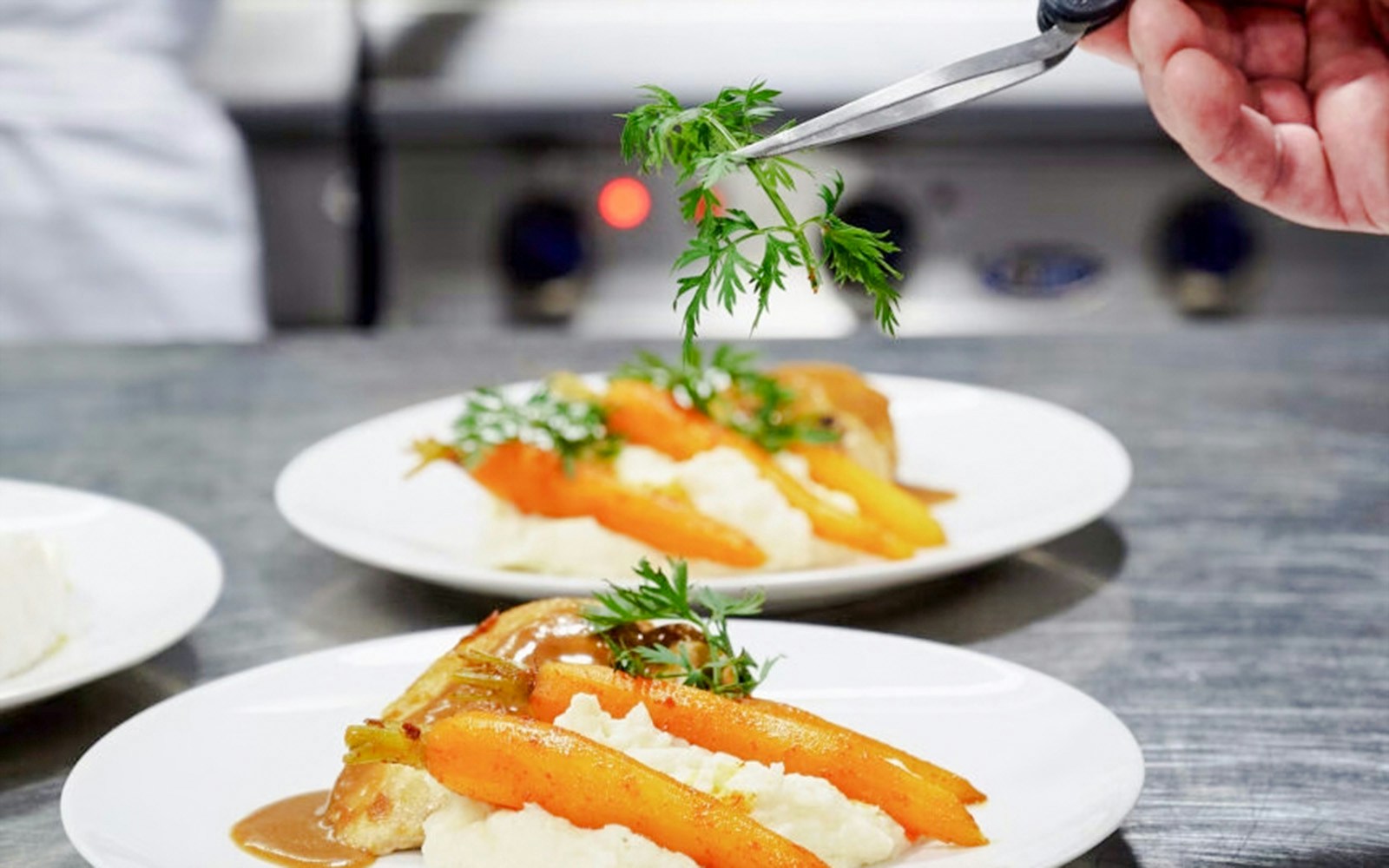 Plated gourmet dish being garnished