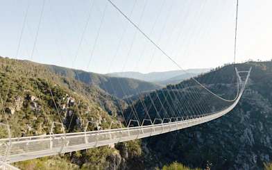 Ponte 516 Arouca suspension bridge spanning a lush valley in Arouca Geopark, Portugal.