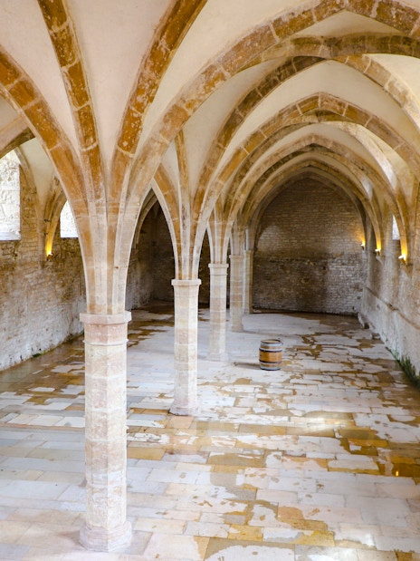 Vaulted stone hall inside Cluny Abbey, Lyon, France.