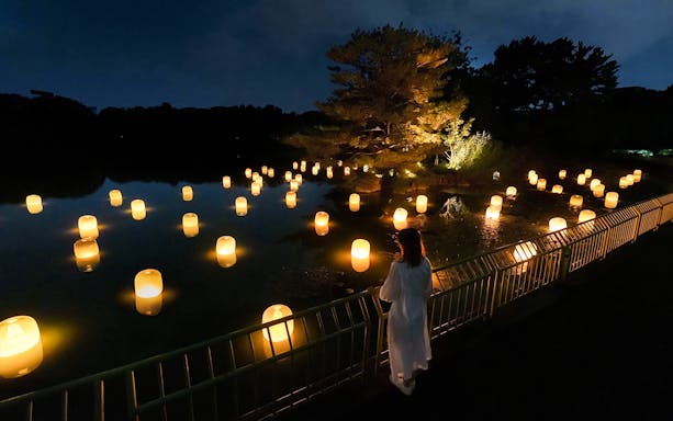 Glowing spheres in a forest setting at teamLab Botanical Garden Osaka art installation.