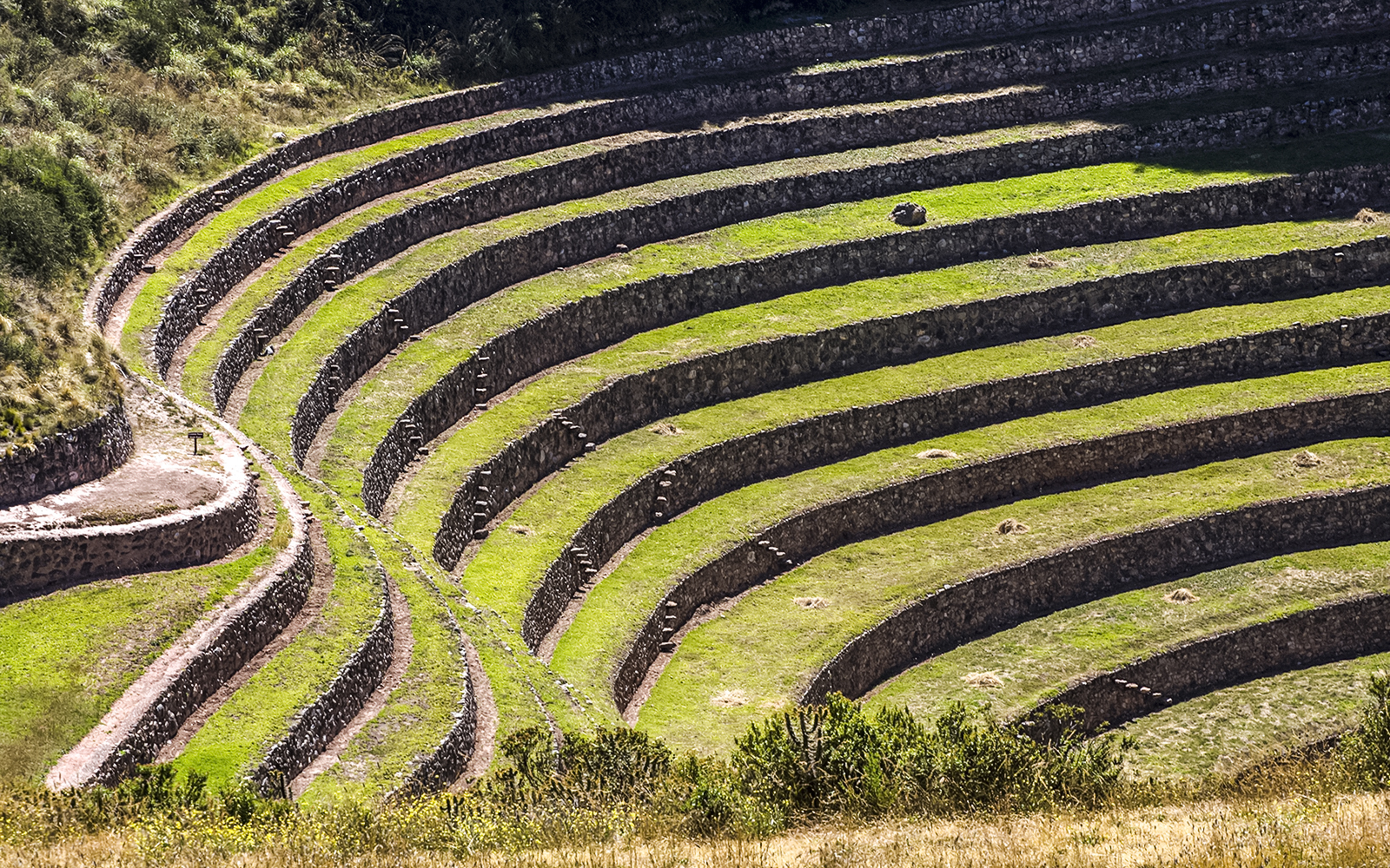 Terraced circular depressions at Moray Inca ruins, Sacred Valley, Peru.