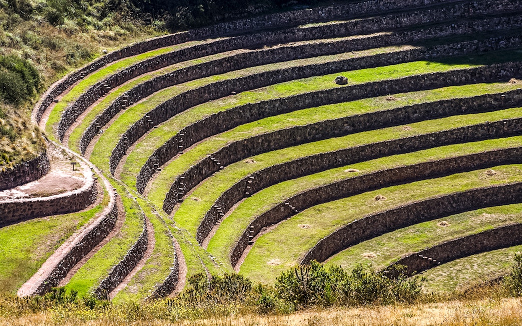 Terraced circular depressions at Moray Inca ruins, Sacred Valley, Peru.