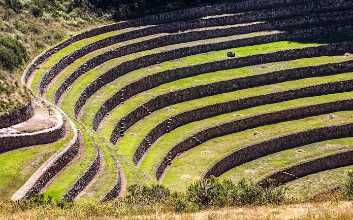 Terraced circular depressions at Moray Inca ruins, Sacred Valley, Peru.
