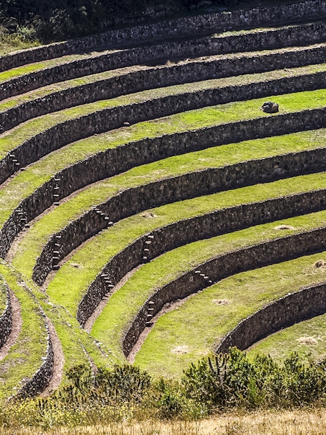 Terraced circular depressions at Moray Inca ruins, Sacred Valley, Peru.