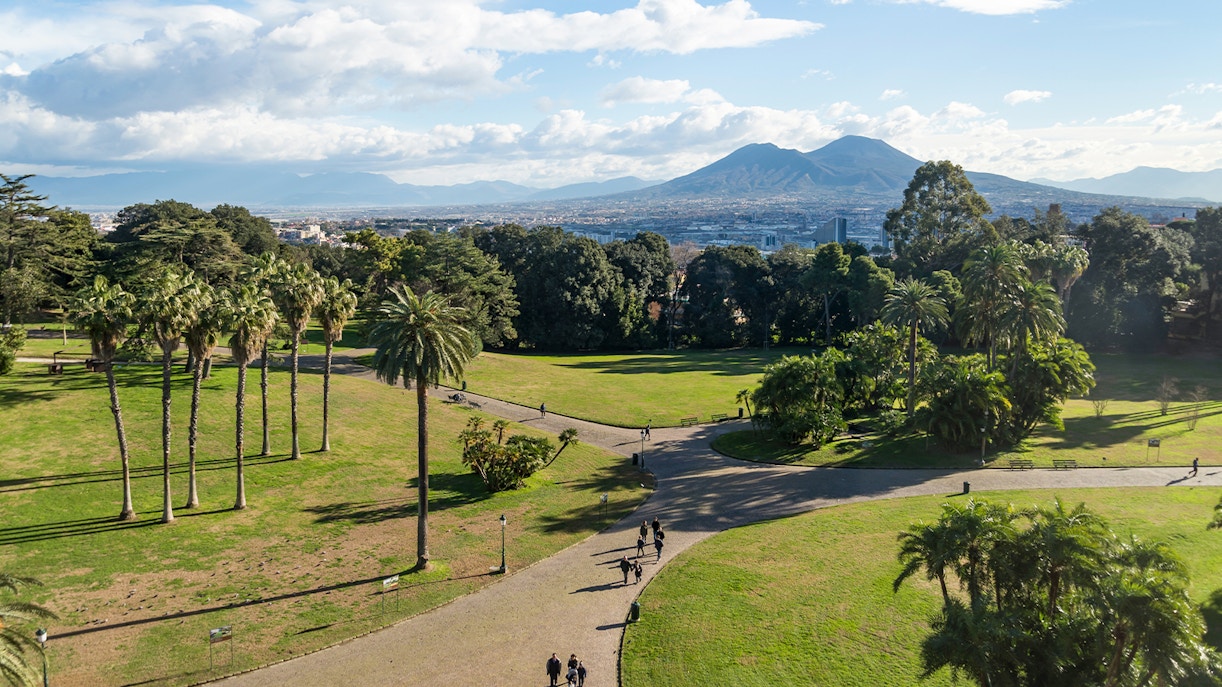 Park view near Museo di Capodimonte, Naples, with Mount Vesuvius in the background.
