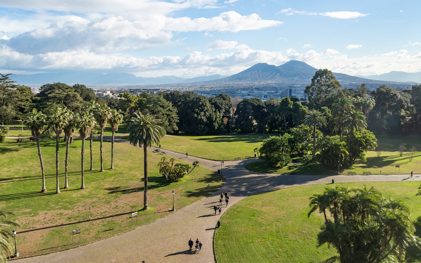 Park view near Museo di Capodimonte, Naples, with Mount Vesuvius in the background.