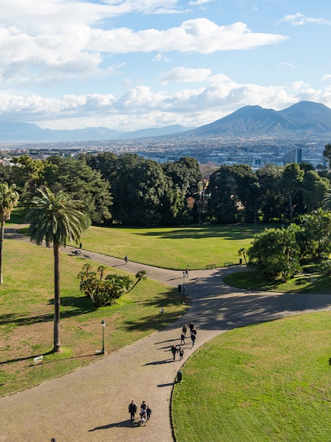 Park view near Museo di Capodimonte, Naples, with Mount Vesuvius in the background.