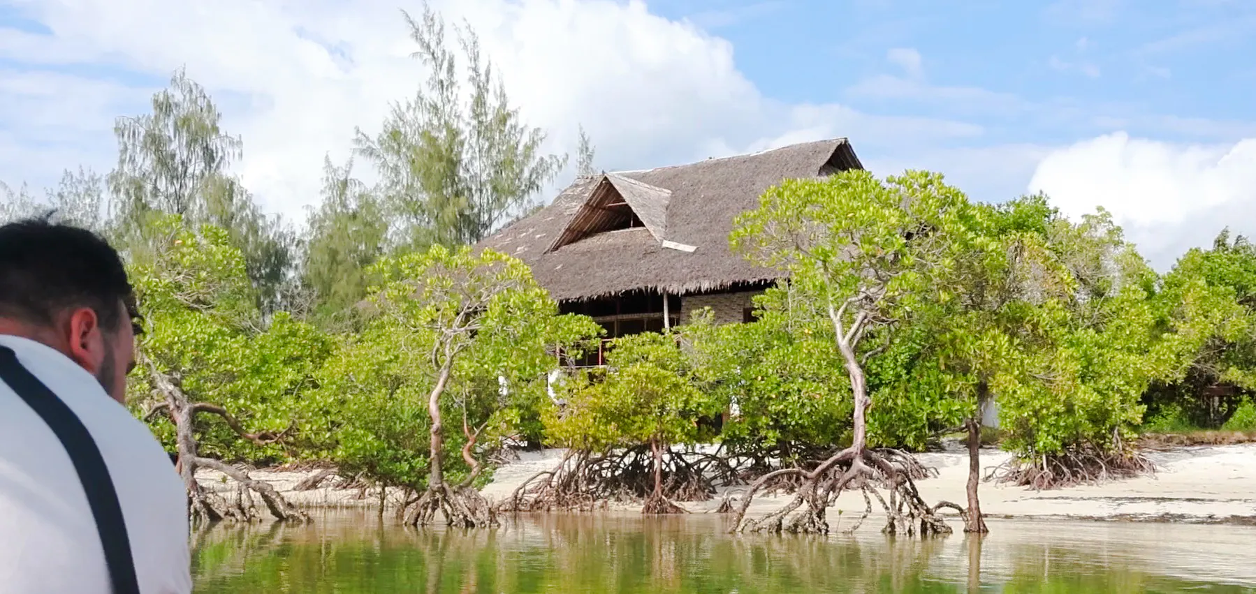 Thatched-roof building surrounded by mangroves on Funzi Island, part of Diani Beach excursion.