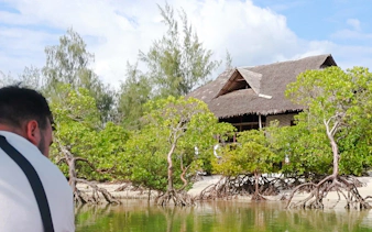 Thatched-roof building surrounded by mangroves on Funzi Island, part of Diani Beach excursion.