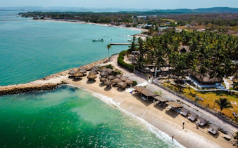 Rosario Islands beach with palm trees and huts, Cartagena day trip experience.