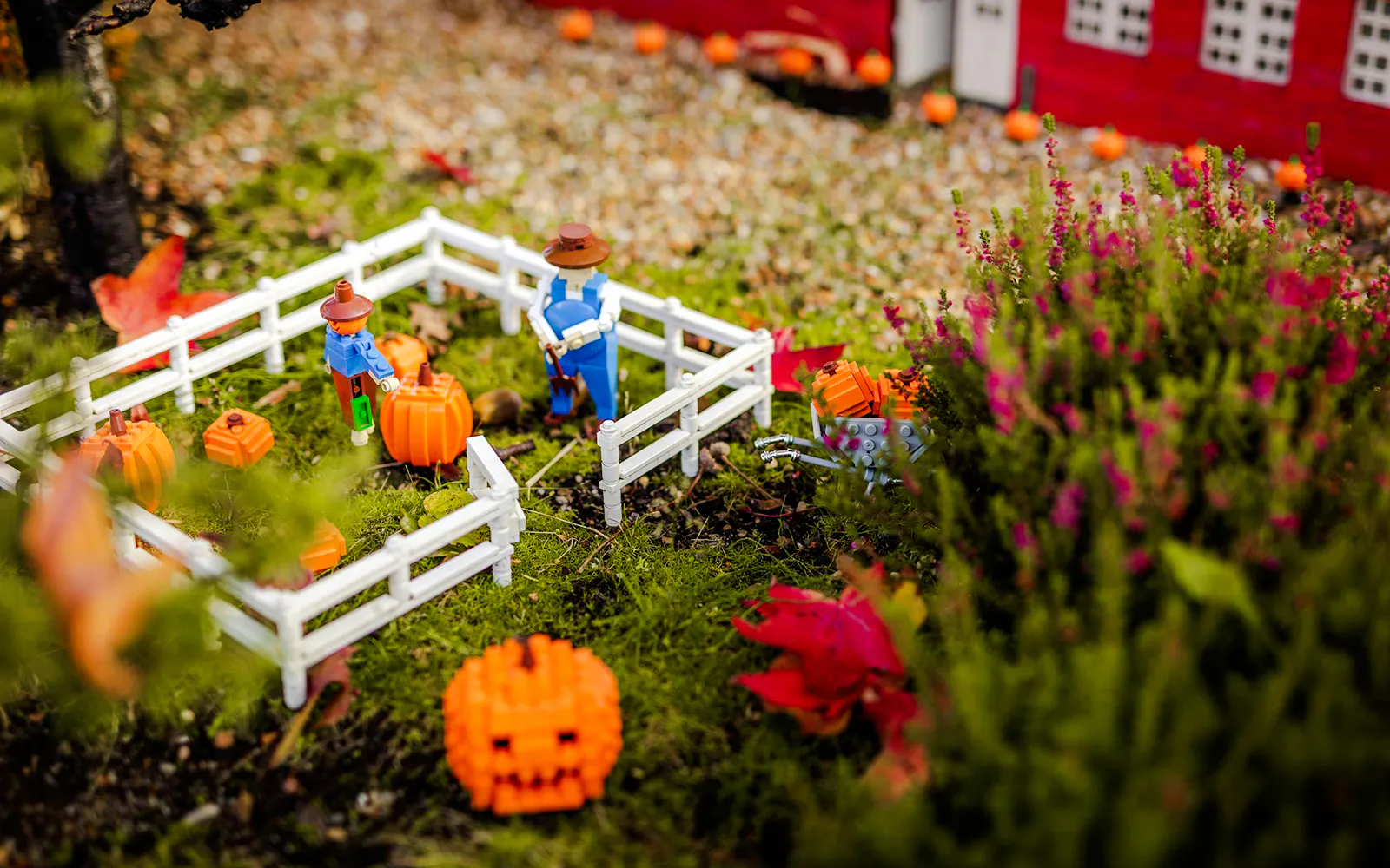 Lego figures with pumpkins in a Halloween display at Legoland Billund.