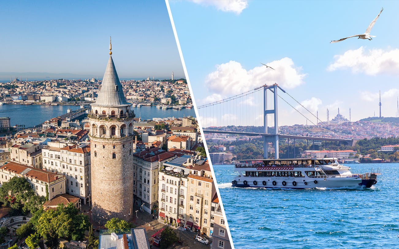 Galata Tower and Bosphorus cruise ship with Istanbul skyline.