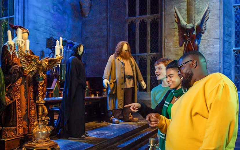 Visitors at Harry Potter Warner Bros. Studio Tour viewing character costumes.