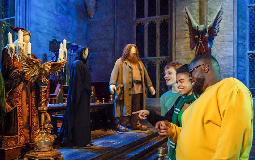 Visitors at Harry Potter Warner Bros. Studio Tour viewing character costumes.