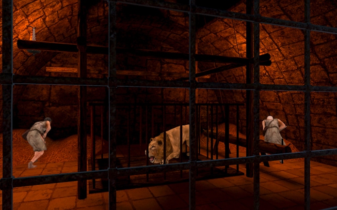 Colosseum underground with lion in cage and two figures, part of virtual reality tour.