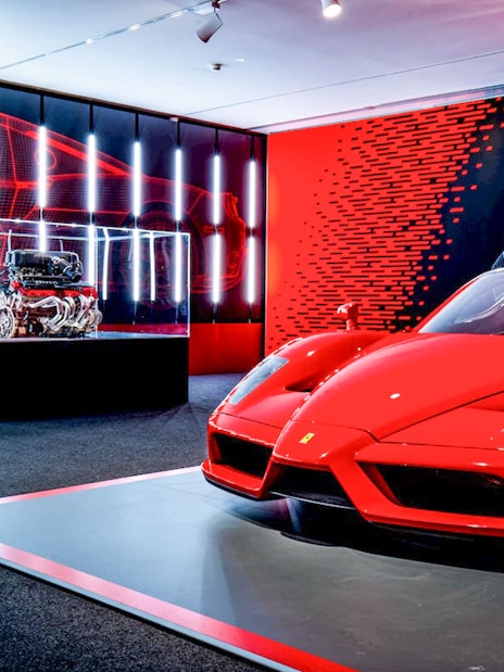 Ferrari car and engine display at Ferrari Museum, Maranello.