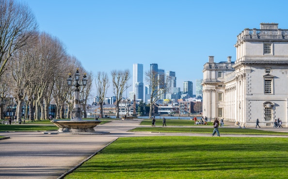 Greenwich Promenade in Berlin with historic architecture and city skyline in the background.