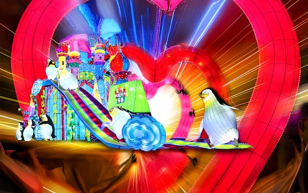 Colorful illuminated penguin sculptures at Dubai Garden Glow.