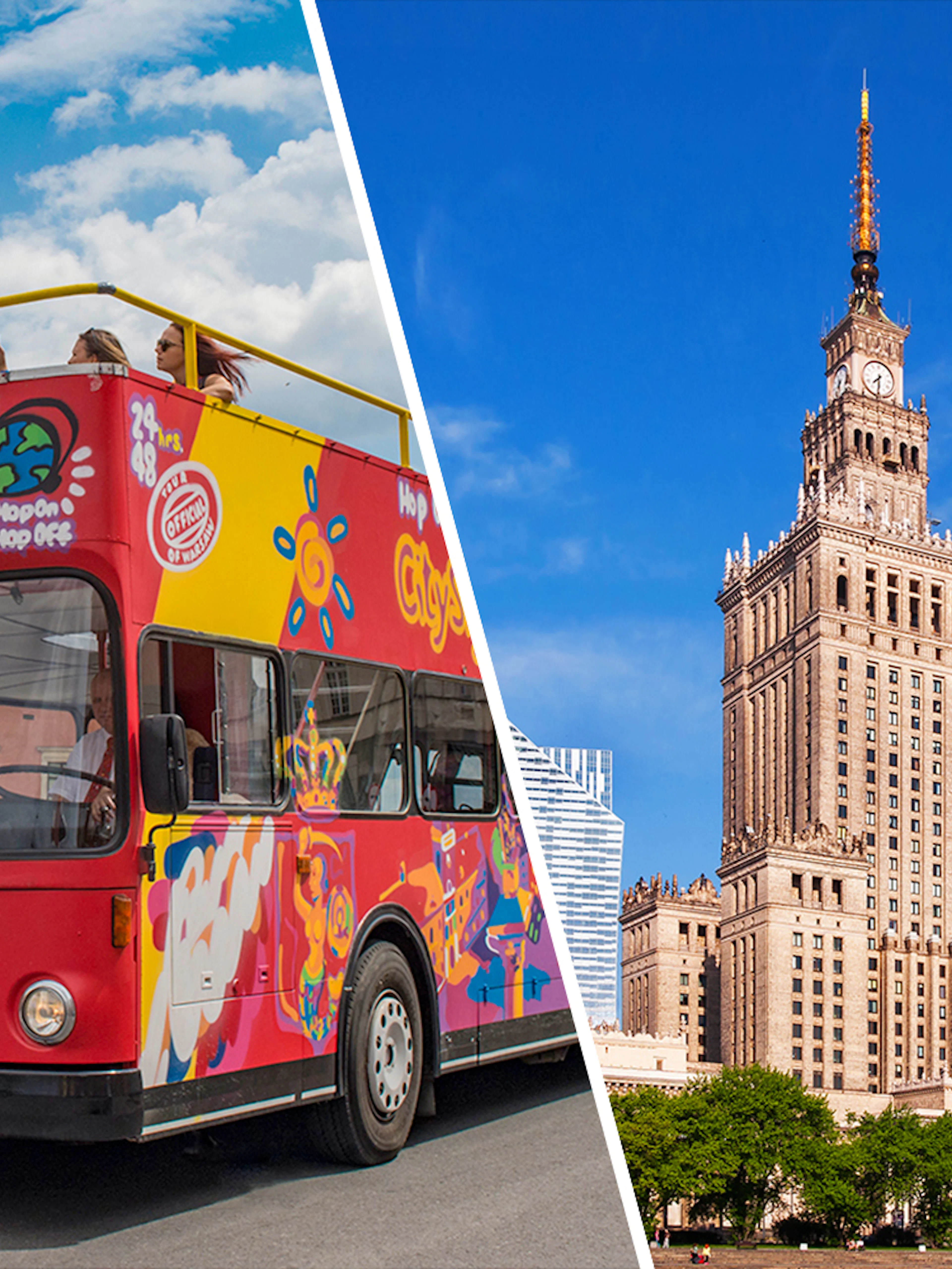 Hop-On Hop-Off bus in Warsaw and Palace of Culture.