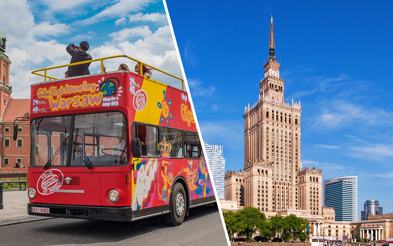 Hop-On Hop-Off bus in Warsaw and Palace of Culture.