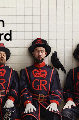 Yeomen in traditional uniforms with a raven, promoting "The Yeomen of the Guard" by Gilbert and Sullivan.