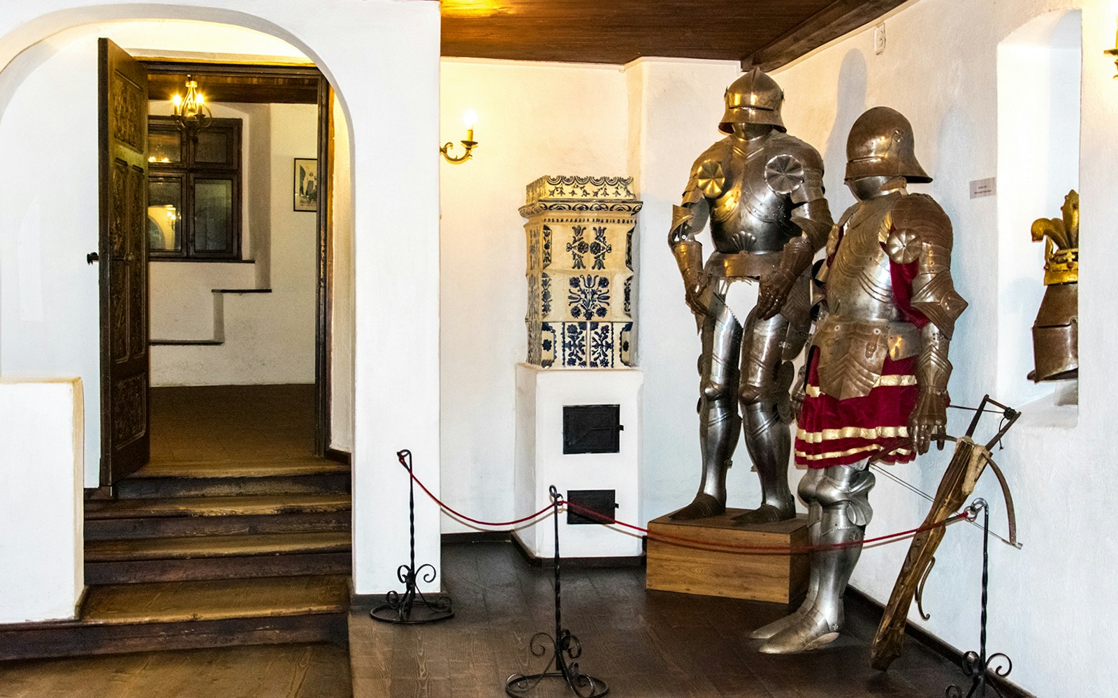 Medieval armor display inside Bran Castle, Romania.