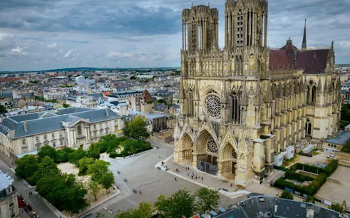 Reims Cathedral aerial view, part of the self-guided city exploration game in Reims, France.