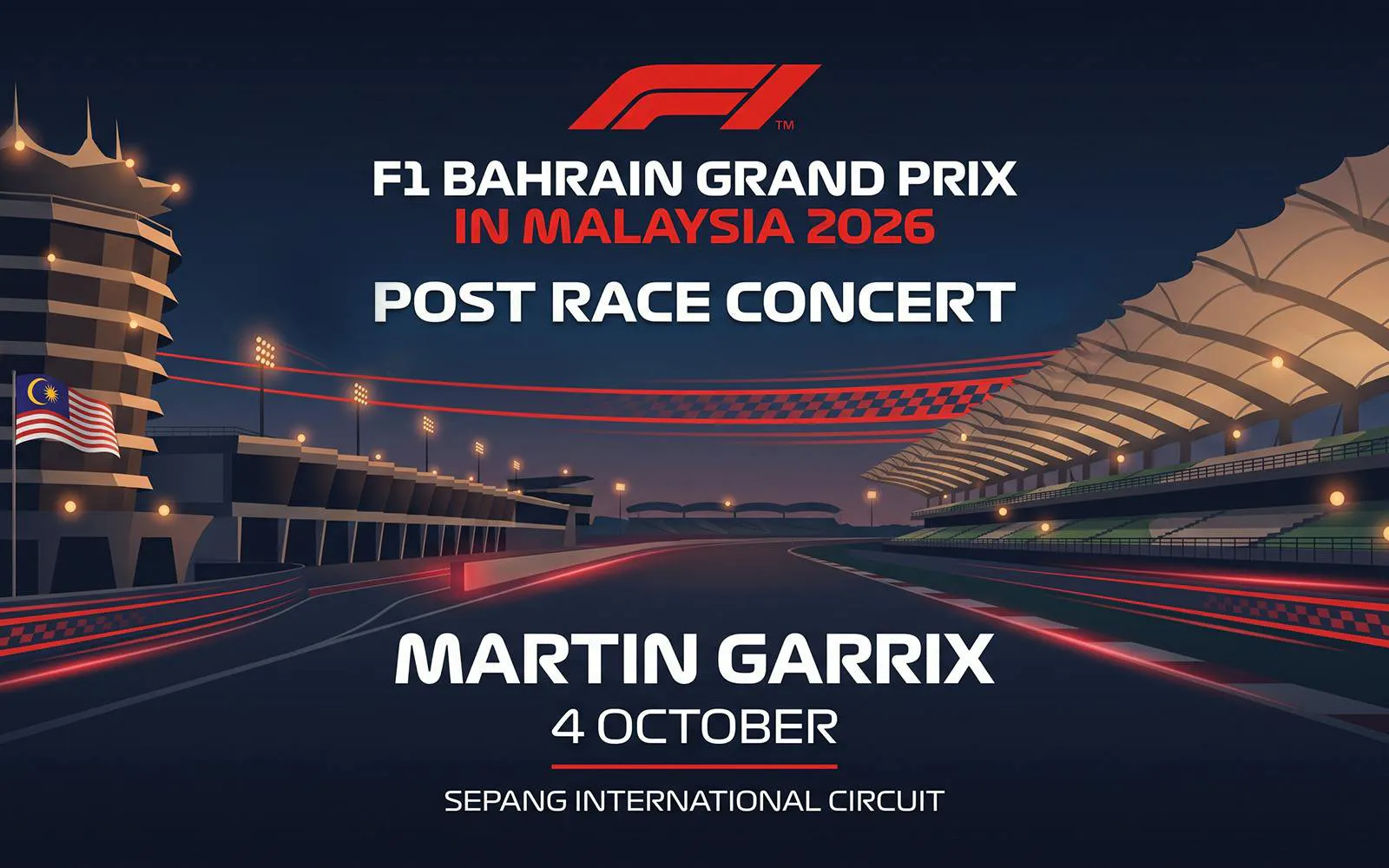 F1 Bahrain Grand Prix 2026 post-race concert at Sepang Circuit featuring Martin Garrix.