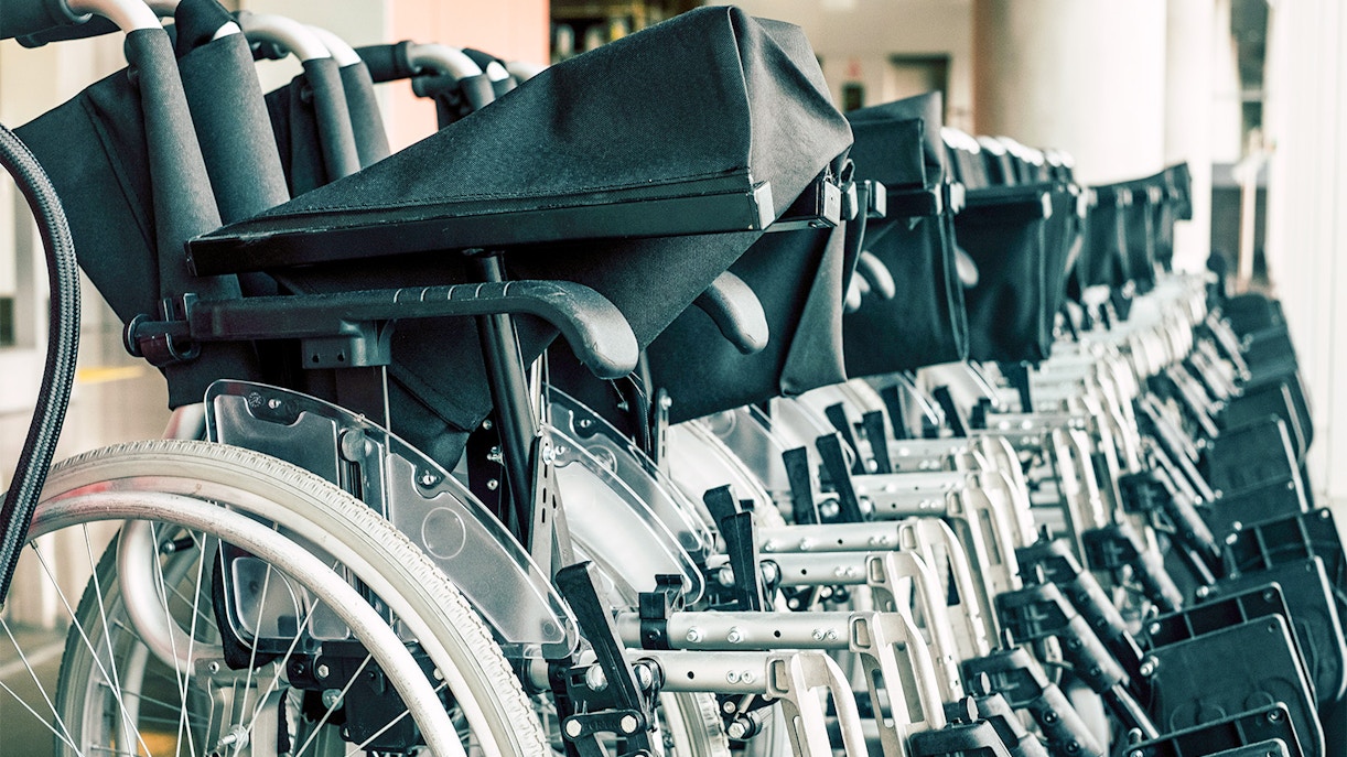 Wheelchairs lined up at Ciampino Airport.