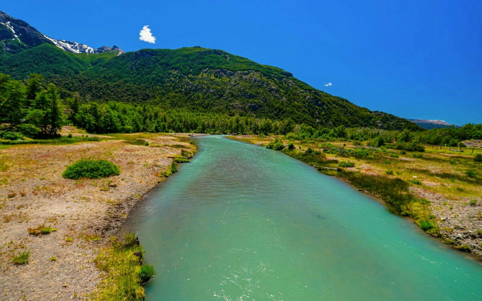 Turquoise waters of Upper Manso River flowing through lush valley near Mount Tronador.