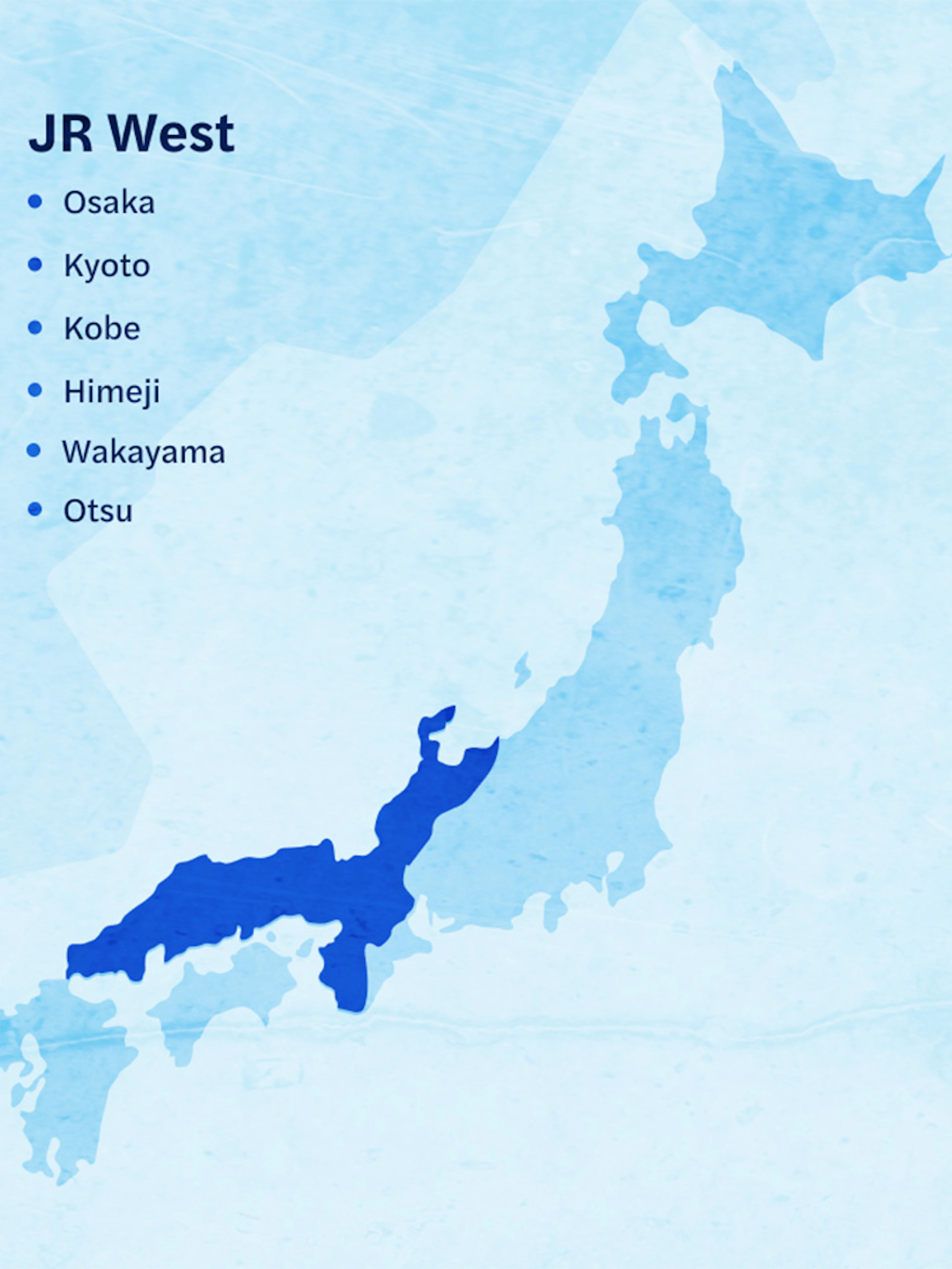 Map highlighting JR West Kansai Area with cities Osaka, Kyoto, Kobe, Himeji, Wakayama, and Otsu.