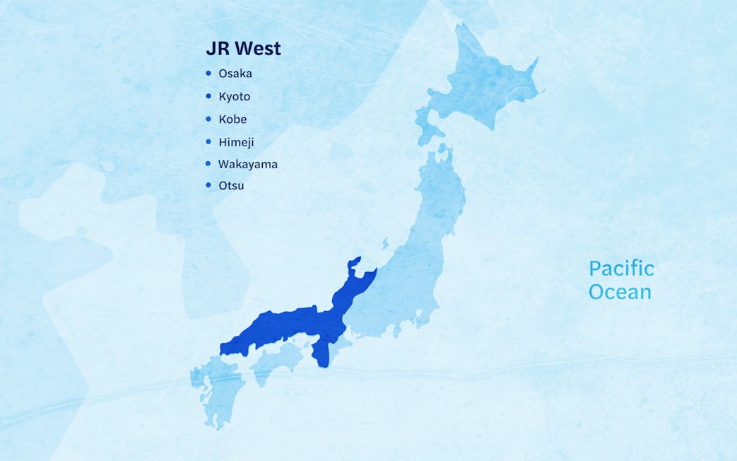 Map highlighting JR West Kansai Area with cities Osaka, Kyoto, Kobe, Himeji, Wakayama, and Otsu.