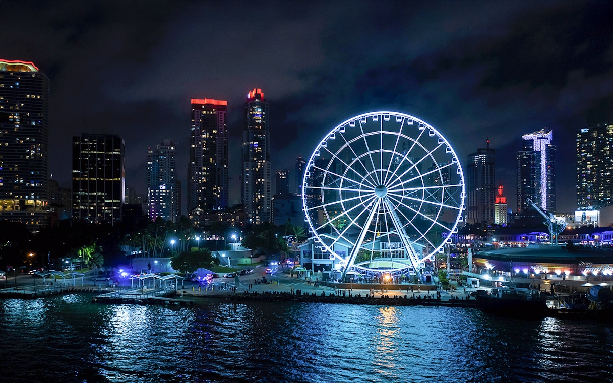 Miami Skyviews Ferris wheel illuminated at night, Bayside Marketplace skyline.