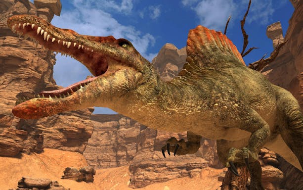 Dinosaur roaring in rocky canyon at Dino Rescue Squad VR experience.