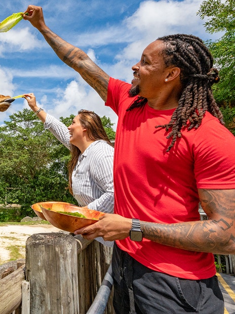 Visitors feeding giraffes at Zoo Miami.