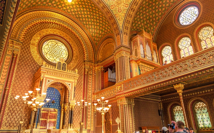 Classical concert setting in the ornate interior of the Spanish Synagogue, Prague.