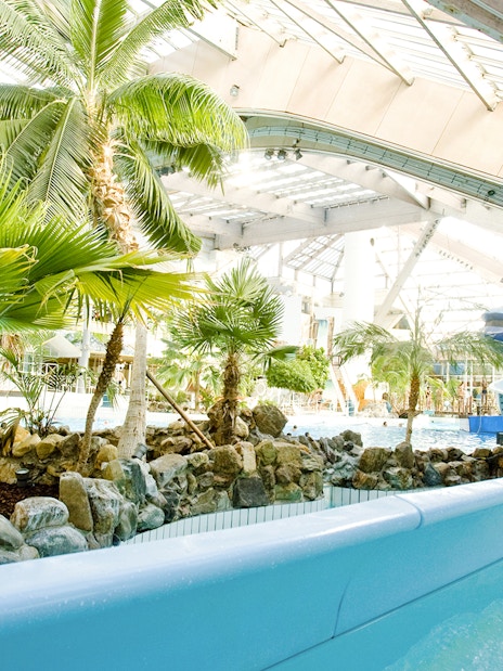 Indoor water slide and tropical plants at Aquaboulevard de Paris.