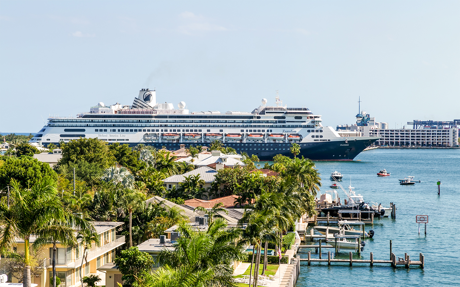 Cruise ship docked at Port Everglades, Fort Lauderdale, Miami FL, with passengers boarding for a Caribbean tour.