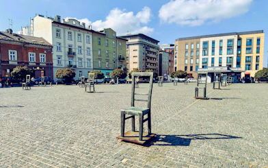 Chairs monument in Heroes' Square, Jewish Ghetto, Krakow, Poland.