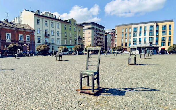 Chairs monument in Heroes' Square, Jewish Ghetto, Krakow, Poland.