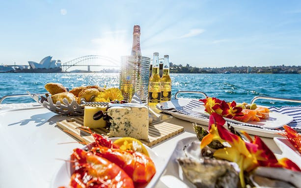 Whale watching tour in Sydney with seafood lunch and drinks, view of Opera House and Harbour Bridge.
