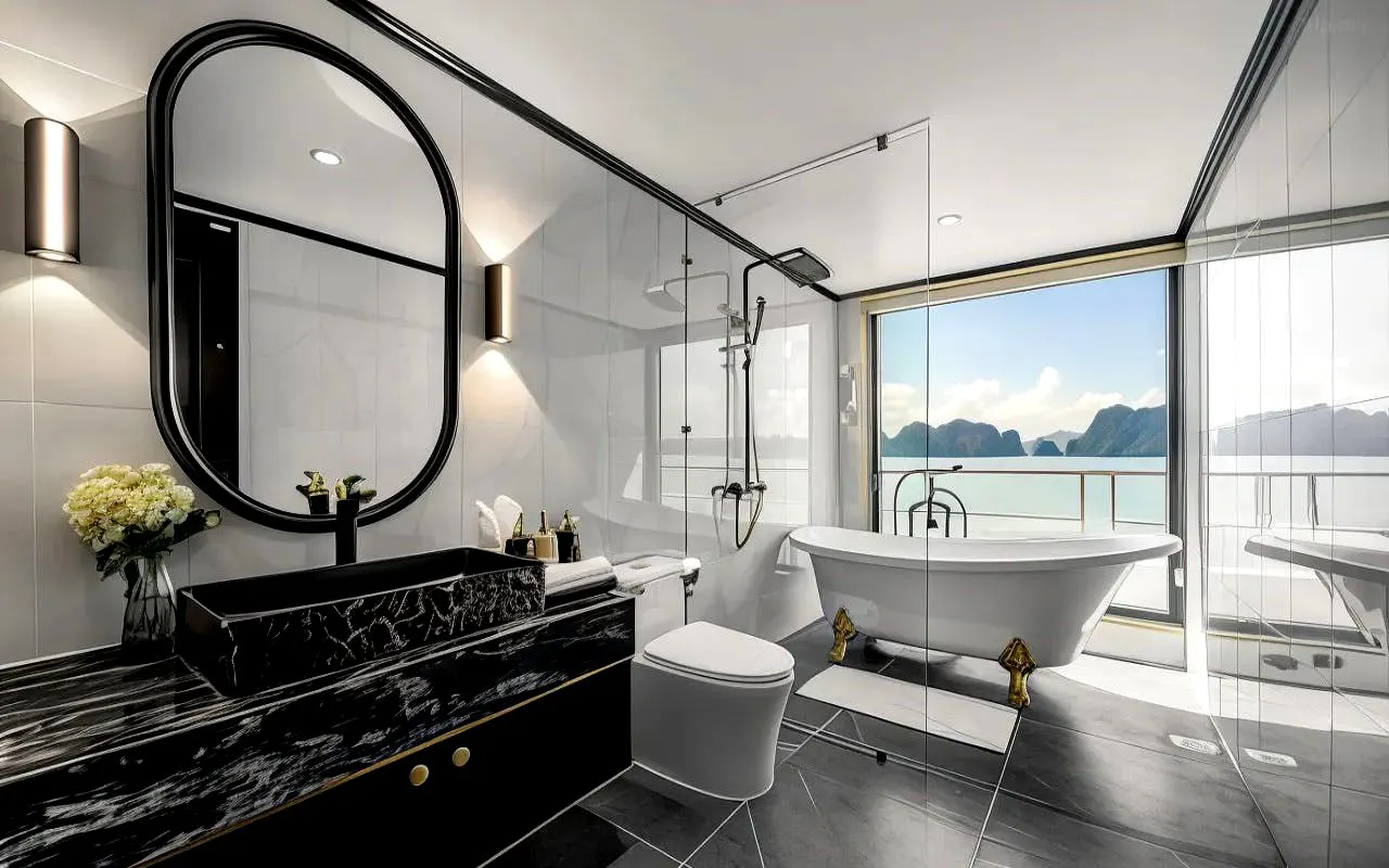 Premier Suite bathroom with ocean view on Ha Long Bay 6-Star Luxury Cruise.
