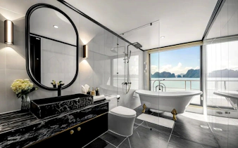 Premier Suite bathroom with ocean view on Ha Long Bay 6-Star Luxury Cruise.