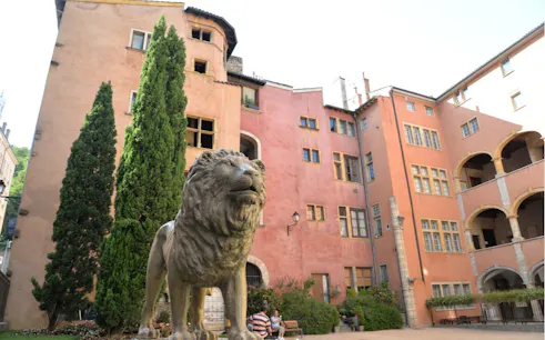 Lion statue in Lyon Old Town courtyard with historic pink buildings.