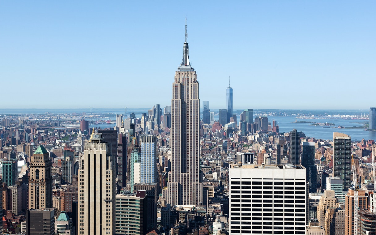Aerial view of the Empire State Building in New York City skyline.