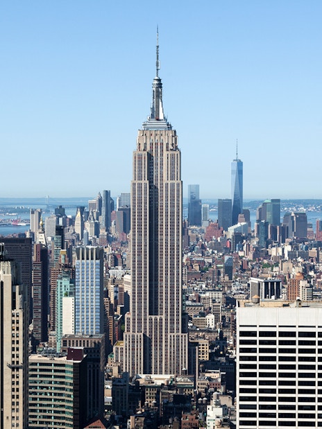 Aerial view of the Empire State Building in New York City skyline.